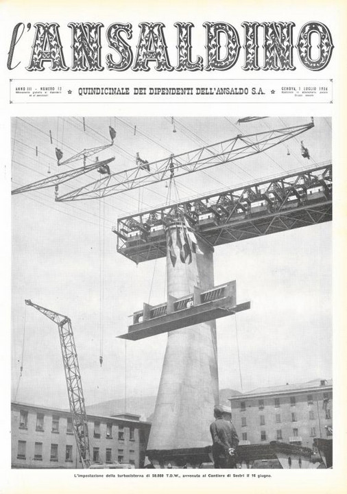 p. 1 (copertina), l'impostazione della turbocisterna, avvenuta al Cantiere di Sestri il 16 giugno